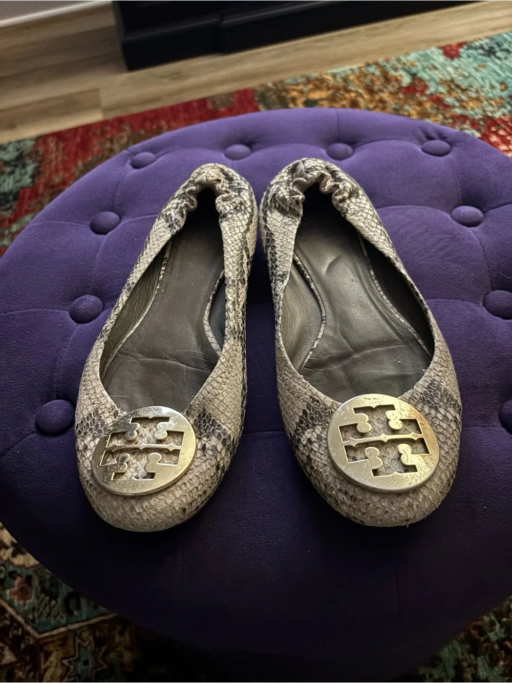 Tory Burch Snake-Print Ballet Flats in Taupe and Cream with Gold Logo
